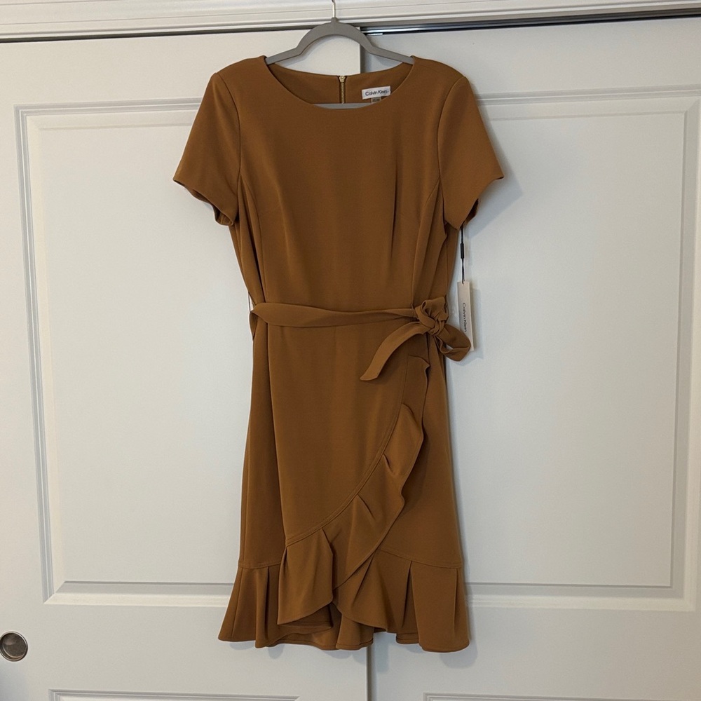 Calvin Klein Tan Ruffle Wrap Mini Dress